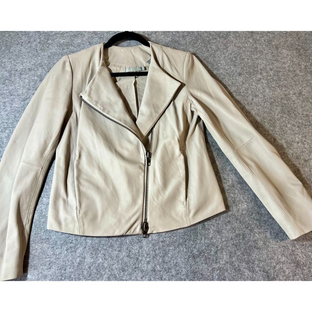VINCE Taupe Asymmetrical Chunky Zipper 100% Lamb Leather Cropped Jacket S Moto